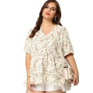 Agnes Orinda Plus Size Blouse V Neck Short Sleeve Layered Peplum Floral Top